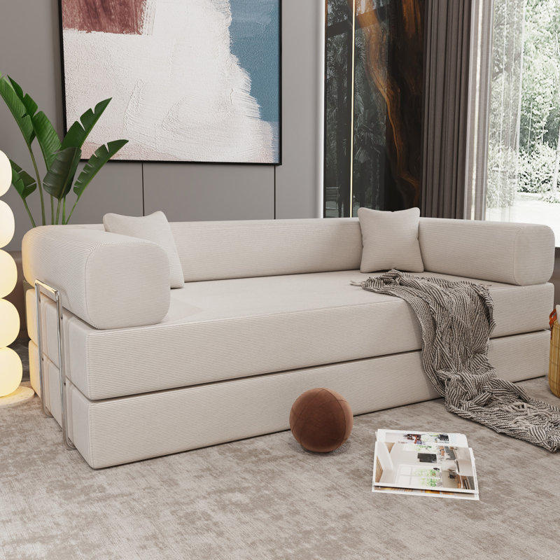 Lit double, velours côtelé beige velours côtelé à larges rayures, grande élasticité pure, 2 sièges pour la vie principale Lit de compression multifonctionnel avec éponge et velours