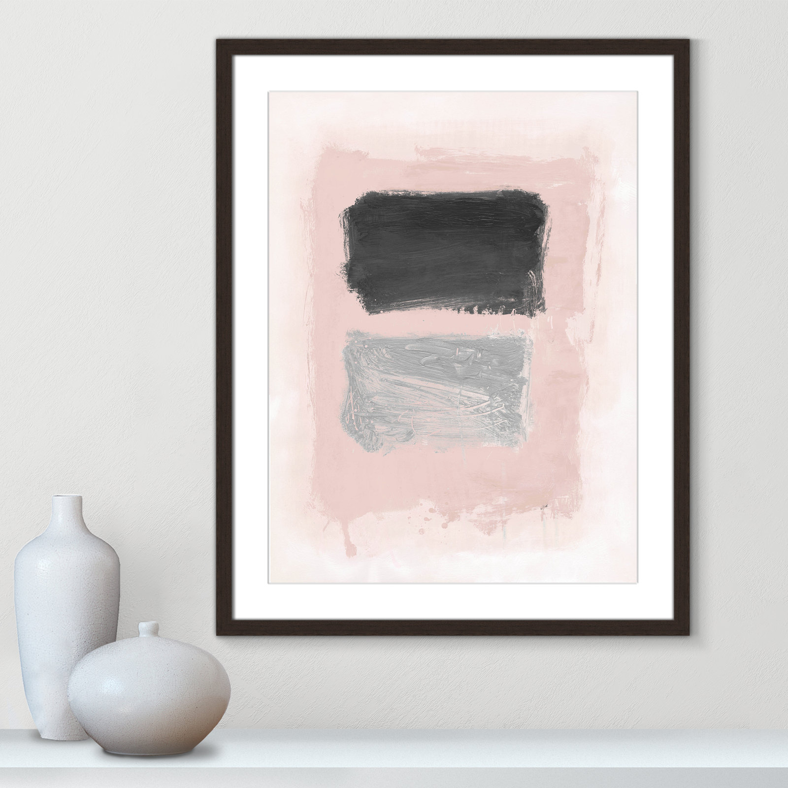 Pink, Black and Silver Shimmer I Print, Walnut Matted Picture Framed, 29.5" H x 23.5" W x 1.25" D