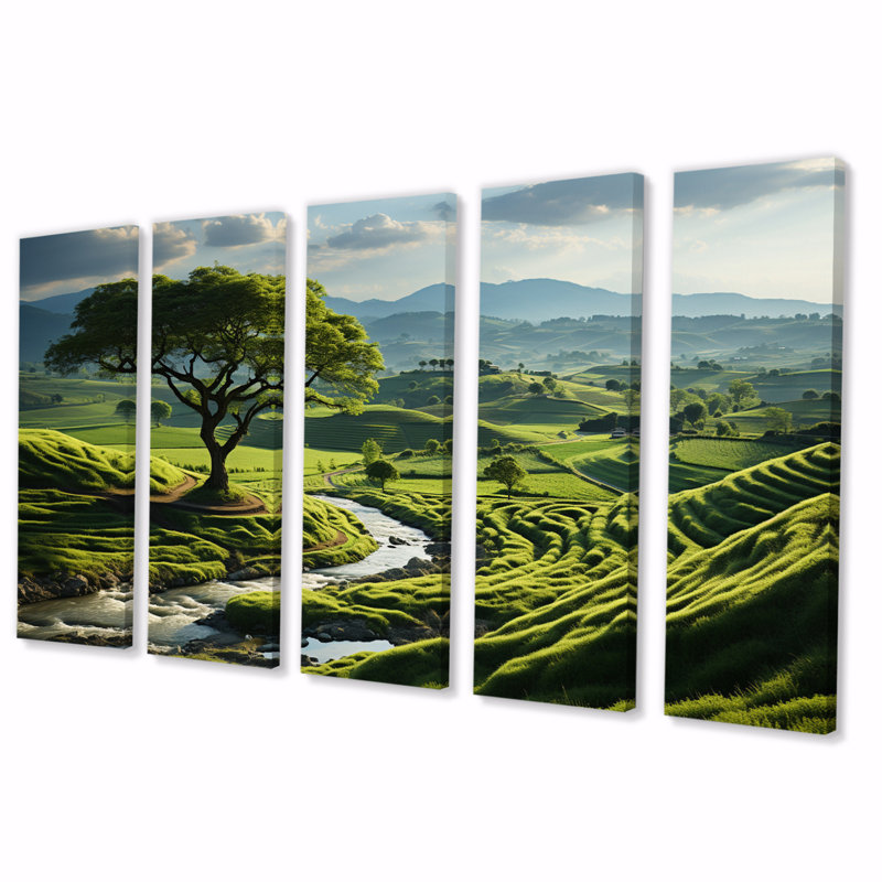 «Green Minimalisme Meadow II», impression d'art mural de paysages - 5 panneaux égaux
