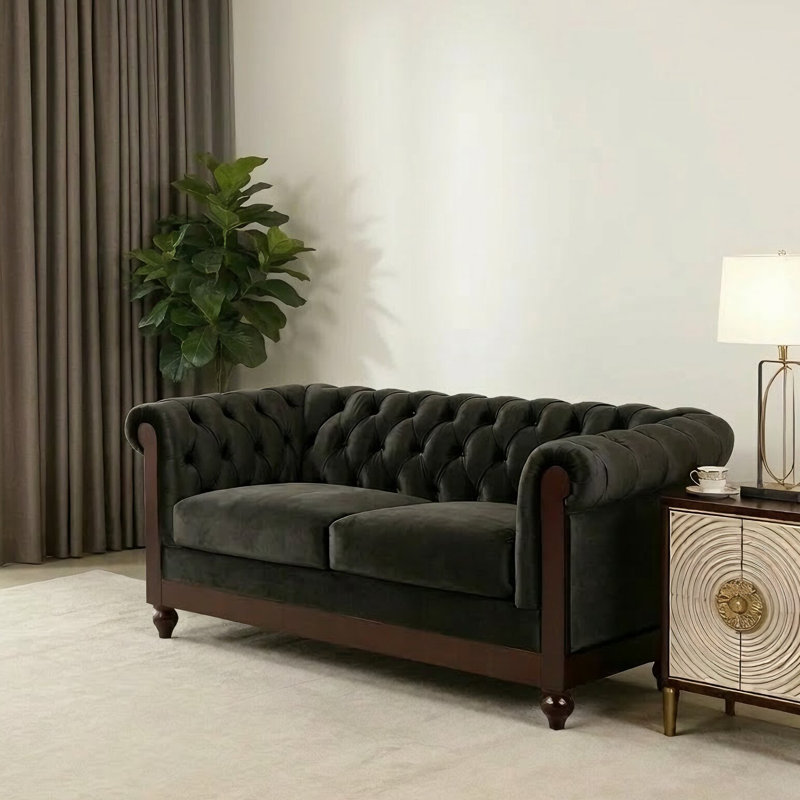 Canapé Chesterfield 2 places rembourré en velours, Noir, noir, noir, noir