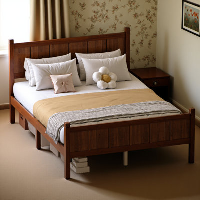 Lit double à panneau plat pleine grandeur avec tête et pied de lit, lit plateforme minimaliste moderne avec finition grain de bois, style Shaker et style campagnard, mobilier de chambre élégant et fonctionnel, noyer foncé