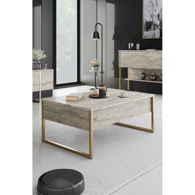 Modern Coffee Table with Metal Legs, Travertine & Gold Finish, 35.4 x 23.6 x 15.7 inches | 100% Melamine Coated Particle Board, Thickness: 0.7 inches | Glamorous Design Perfect for Living Room & Contemporary Spaces
