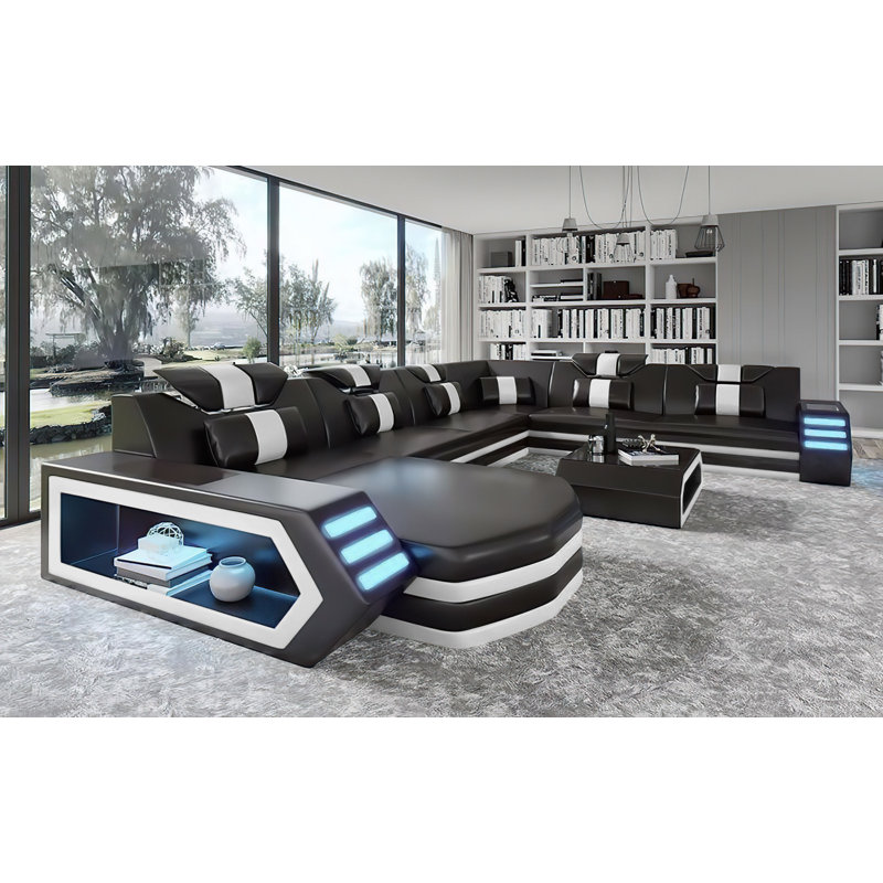Loberta Upholstered U-Shaped Sectional, Black/White Leather, Right Hand Facing