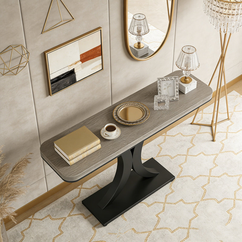 Narrow Entryway Foyer Table with Geometric Base, Gray & Black