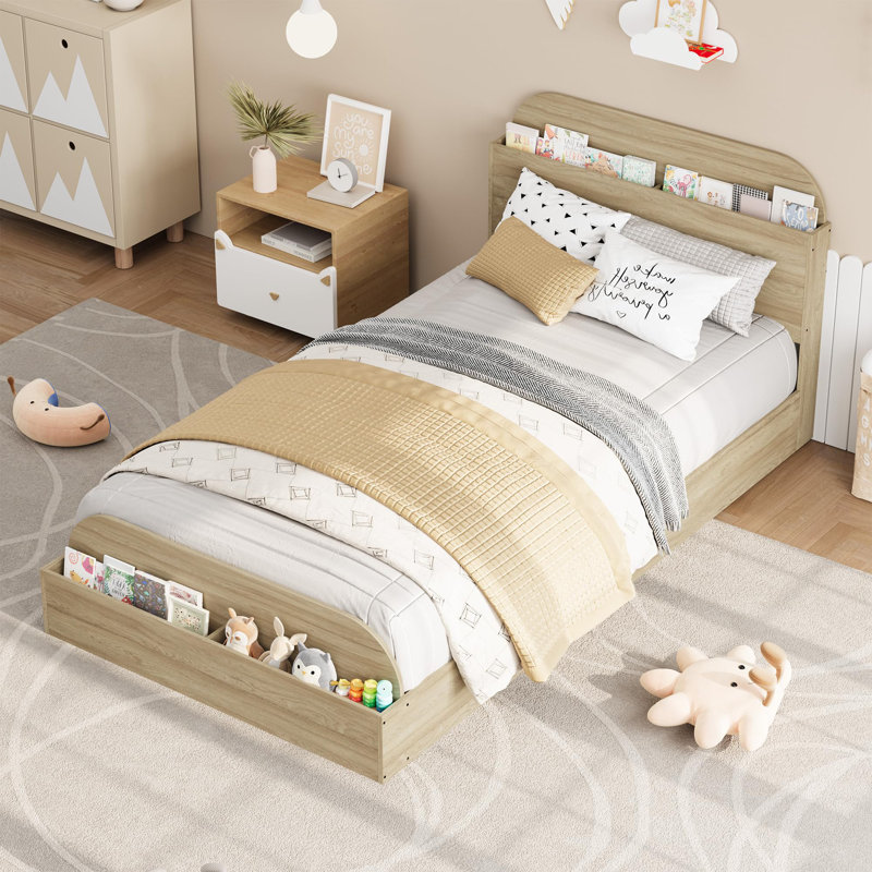 Structure de lit simple avec tête de lit, pied de lit surélevé et plateforme basse pour enfants, Naturel