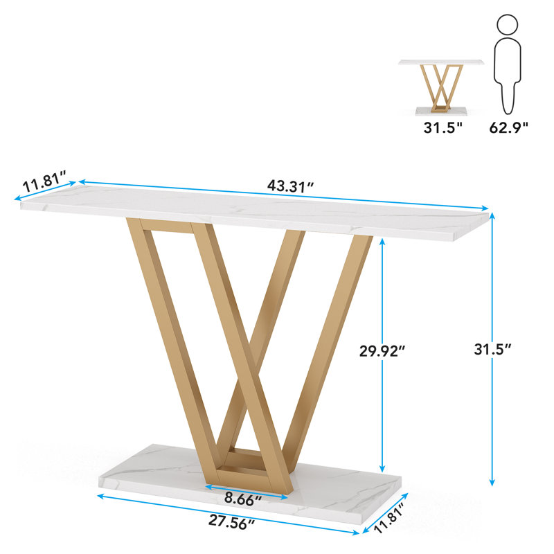 Gold and White Faux Marble Console Table with V-Legs