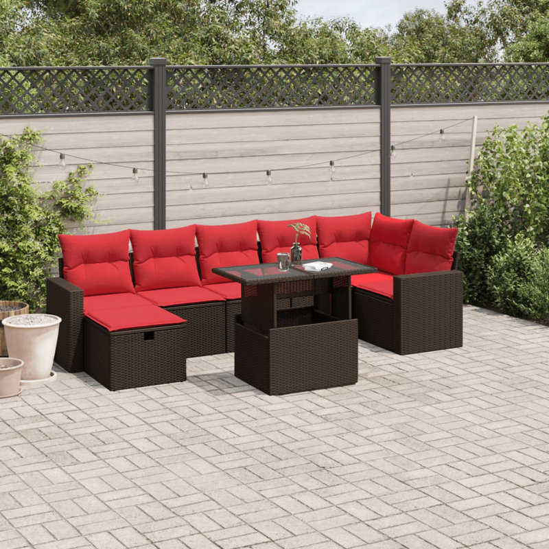  Ensemble de canapé de patio 8 pièces avec coussins en rotin de polyester, Rouge, Brun