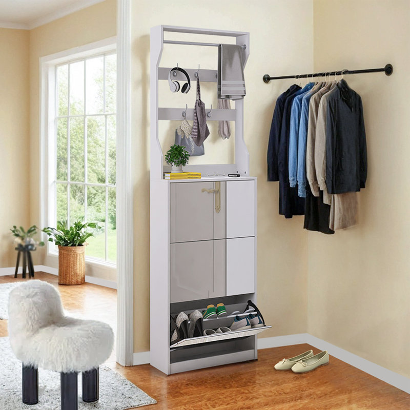 18 Pair Shoe Storage Cabinet with Mirror for The Entrance Or Hallway