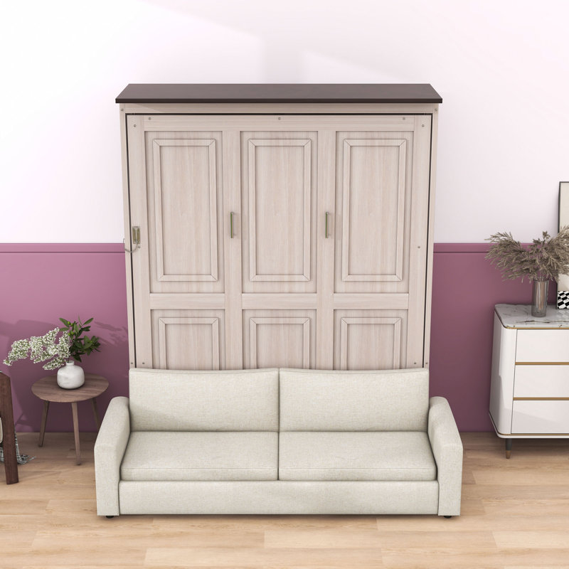 Grand lit escamotable en bois avec canapé et éclairage DEL