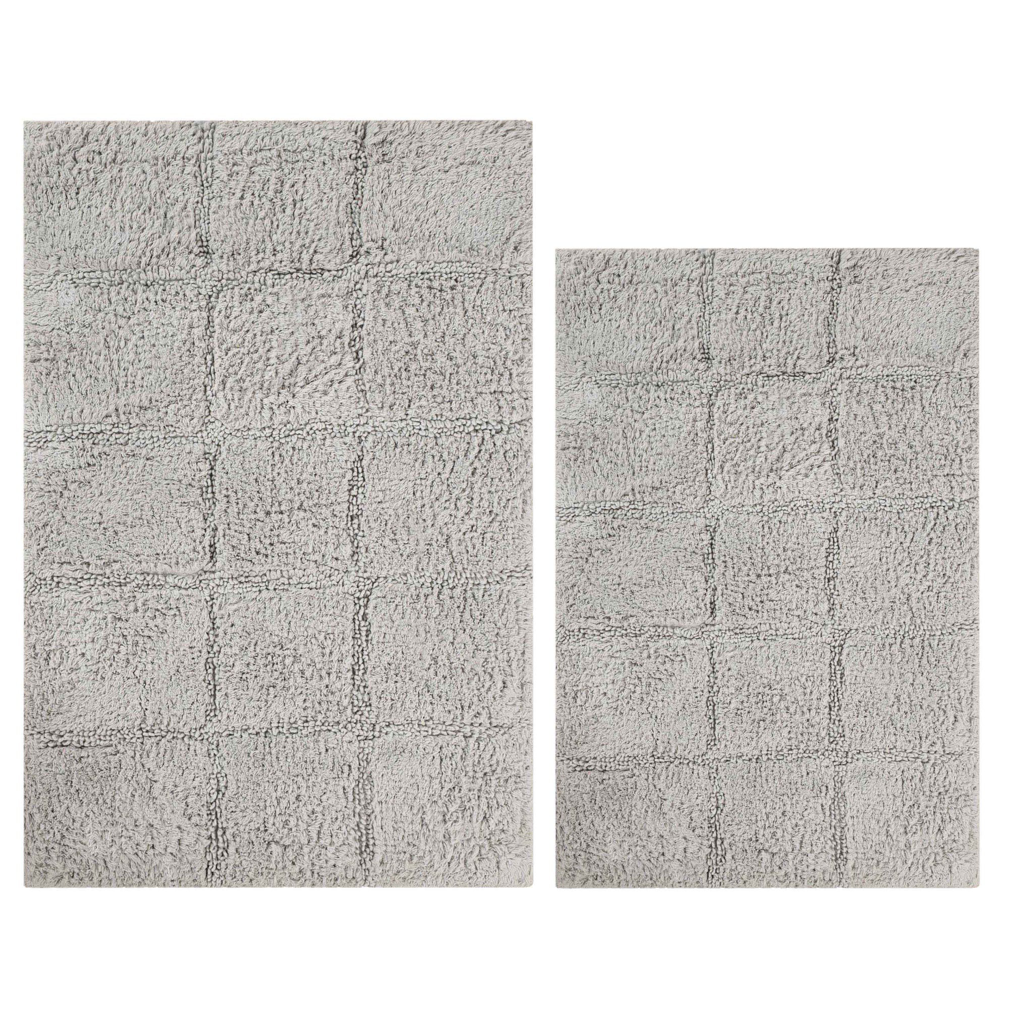 Sandcliff Checkered Cotton Non-Skid Machine Washable 2 Piece Bathroom Rug Set, Checkers Silver