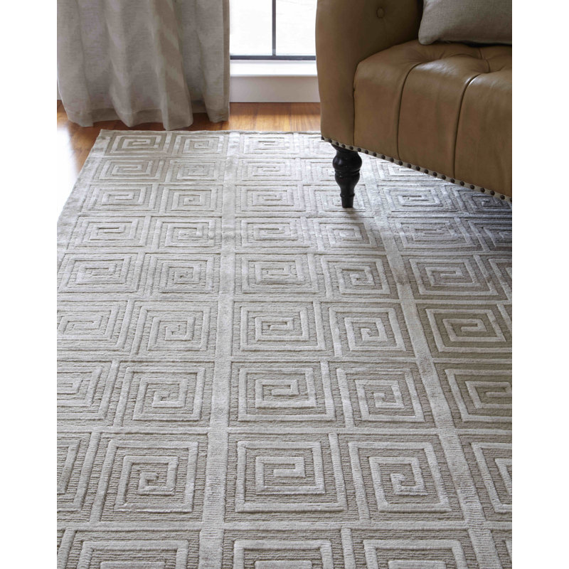 Greek Key Geometric Area Rug in Blue, Rectangle 9' x 12', Silver