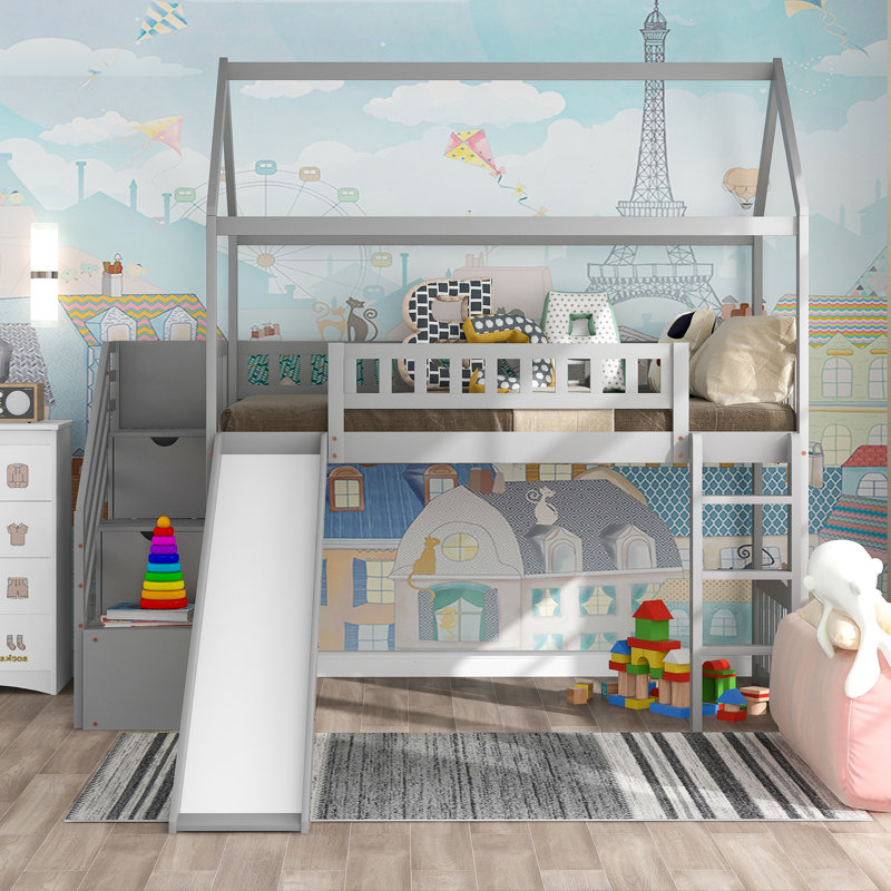 Loft Bed With Storage Stairs And Slide, Gray