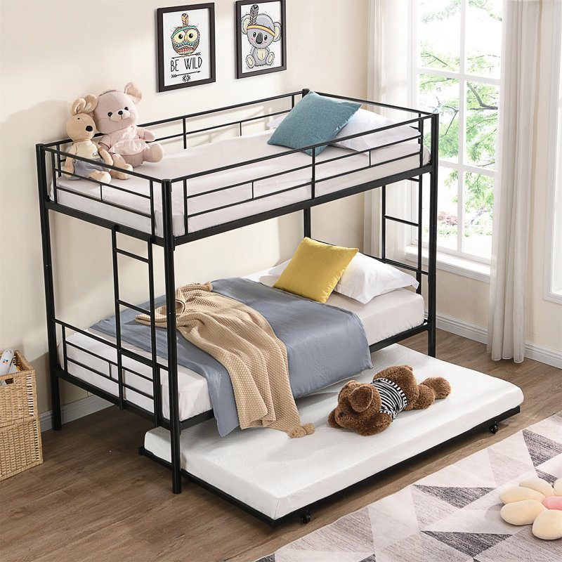 Twin Over Twin Metal Bunk Bed With Trundle For Space-Saving Sleep Solutions And Durable Multi-Bed Functionality.