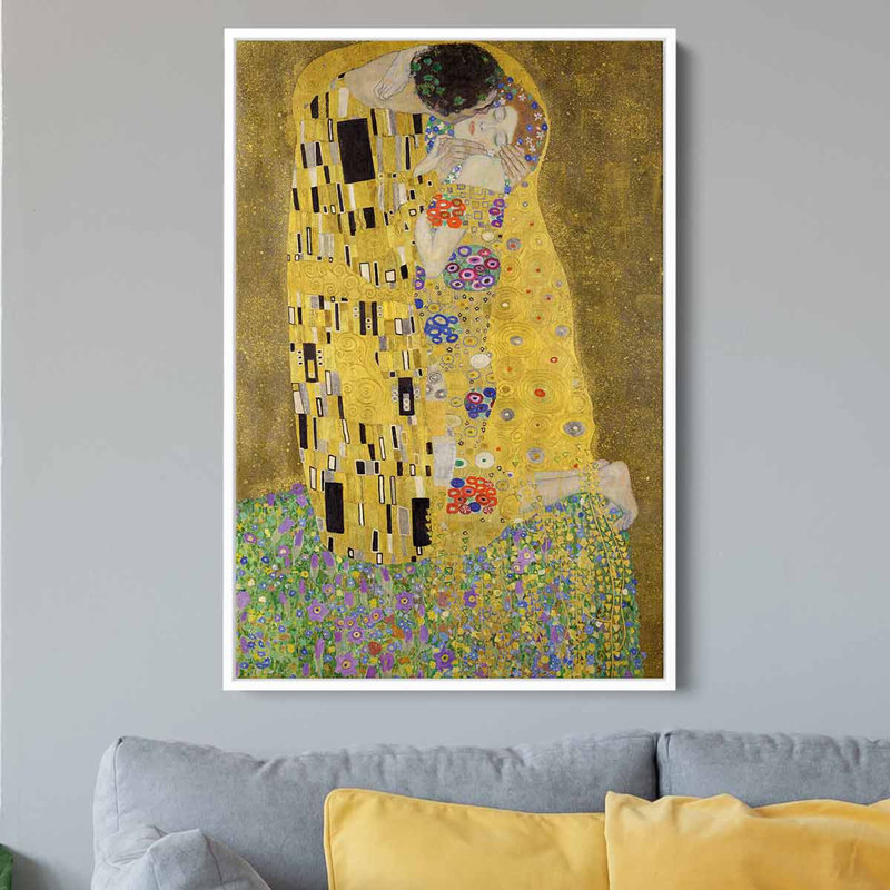 «Cayeman Beige The Kiss», art mural sur toile 7949 par Gustav Klimt, H 20 po x l 30 po, Cadre flottant blanc