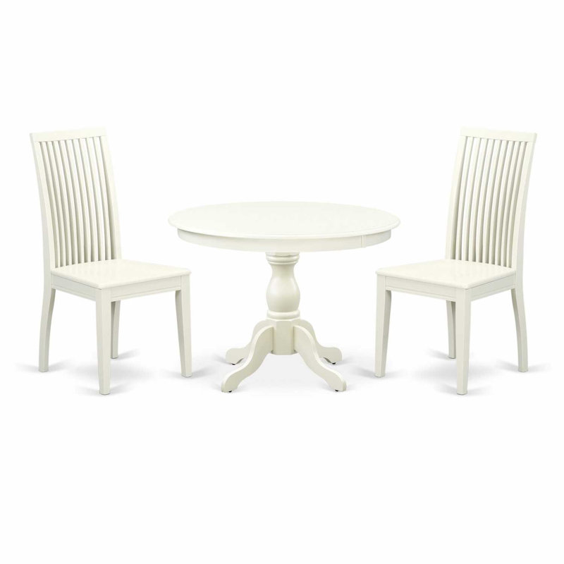 L'ensemble de table de salle à manger moderne 3 pièces comprend une table ronde en bois avec piédestal et 2 chaises, blanc lin