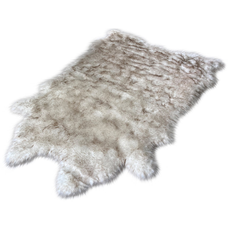 Faux Bison Skin Fur Shag Area Rug in White with Brown Tips, Animal Shape 8' X 9'