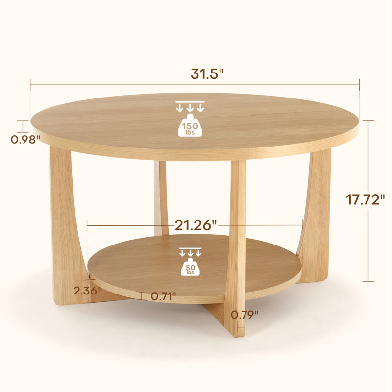 Natural Solid Pine Wood Round Coffee Table with 2-Tier Storage