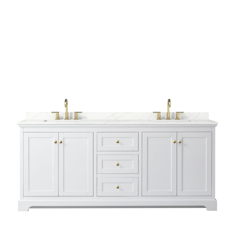Meuble-lavabo double autoportant avec plateau Avery, Quartz blanc, Blanc, Or brossé