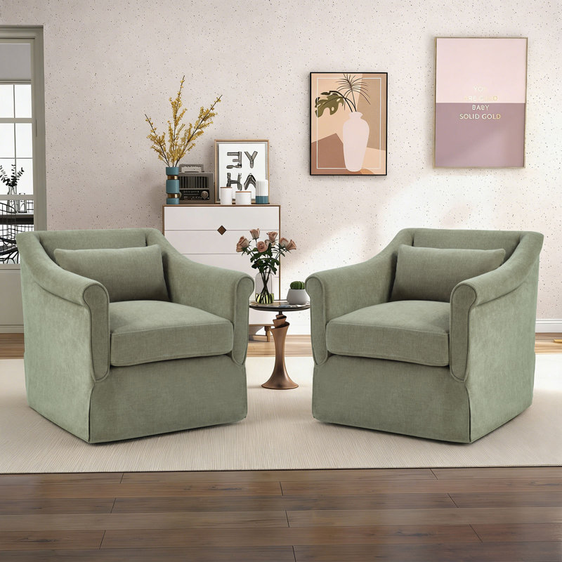 30" Wide Contemporary Upholstered Swivel Armchair With Lumbar Pillow, Green