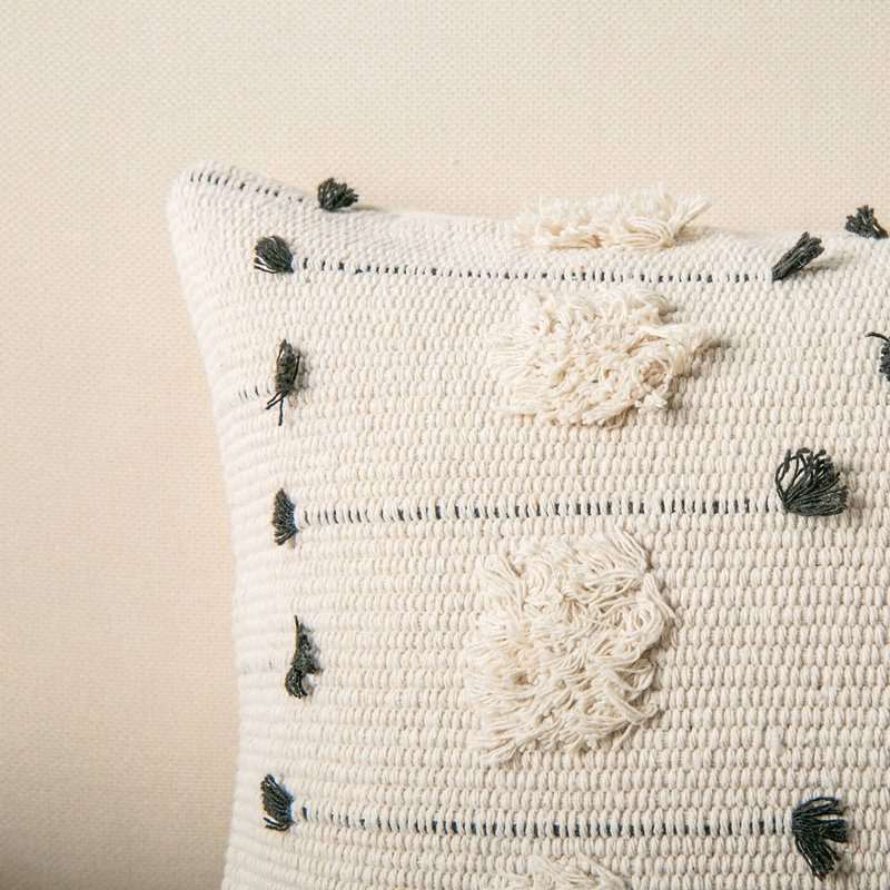 Boho Woven Tufted Decorative Throw Pillow Cover & Insert, Black Dot, Rectangle 12"x20"