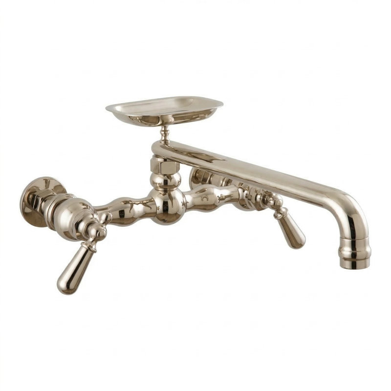 P0834 Robinet de cuisine mural de 5 po, centres de 8 po avec bec pivotant et porte-savon Columbia, Nickel poli