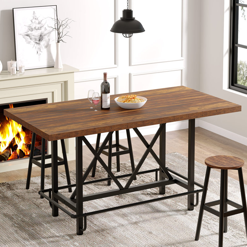 Dining Table For 6 People, Industrial Kitchen Table With Metal Footrest, Counter Height Dinner Table Rectangular Bar Table For Small Space, Apartment