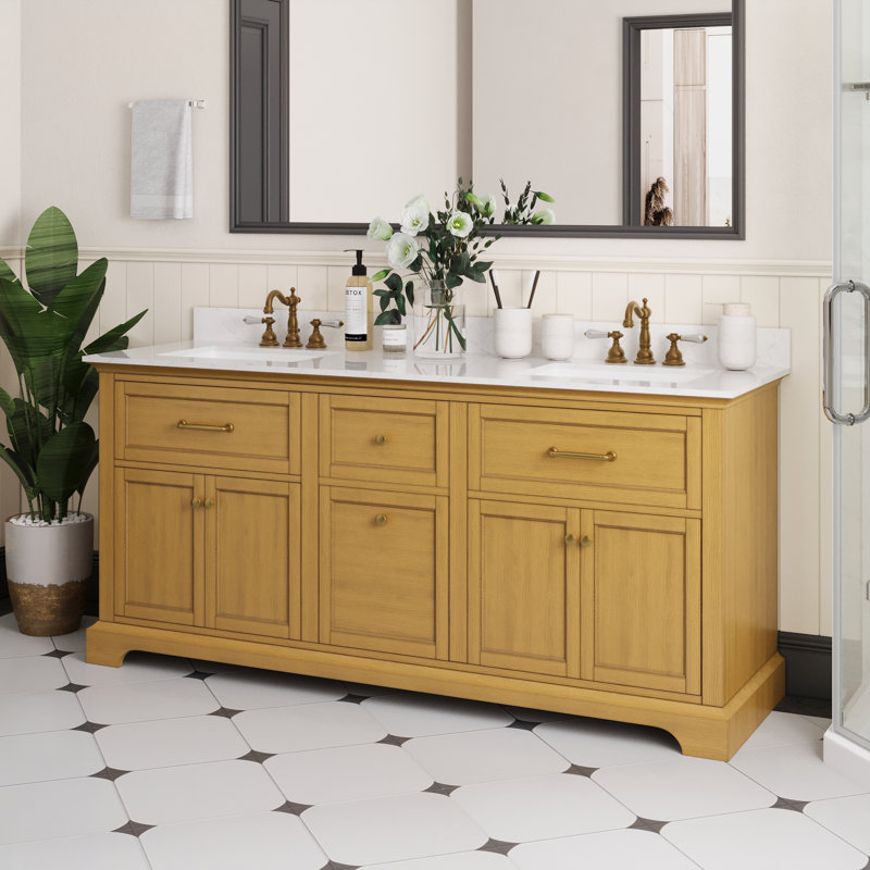 72" Walnut Freestanding Double Bathroom Vanity with Marble Top