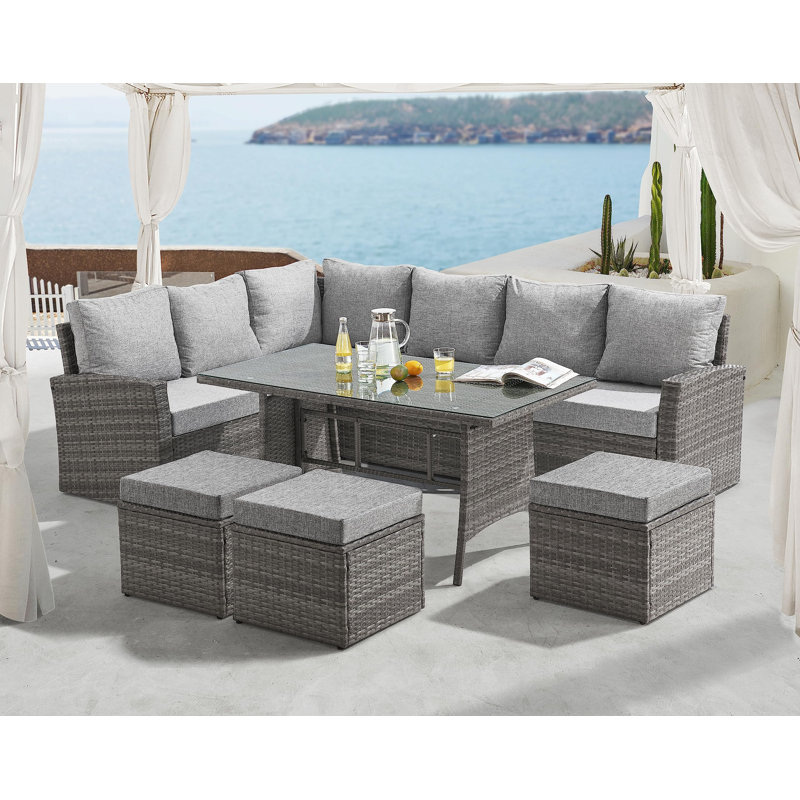 Lark Manor 9 Seat Liverpool Corner Sofa & Dining Rattan Garden Furniture Set for Patios Gardens, Grey