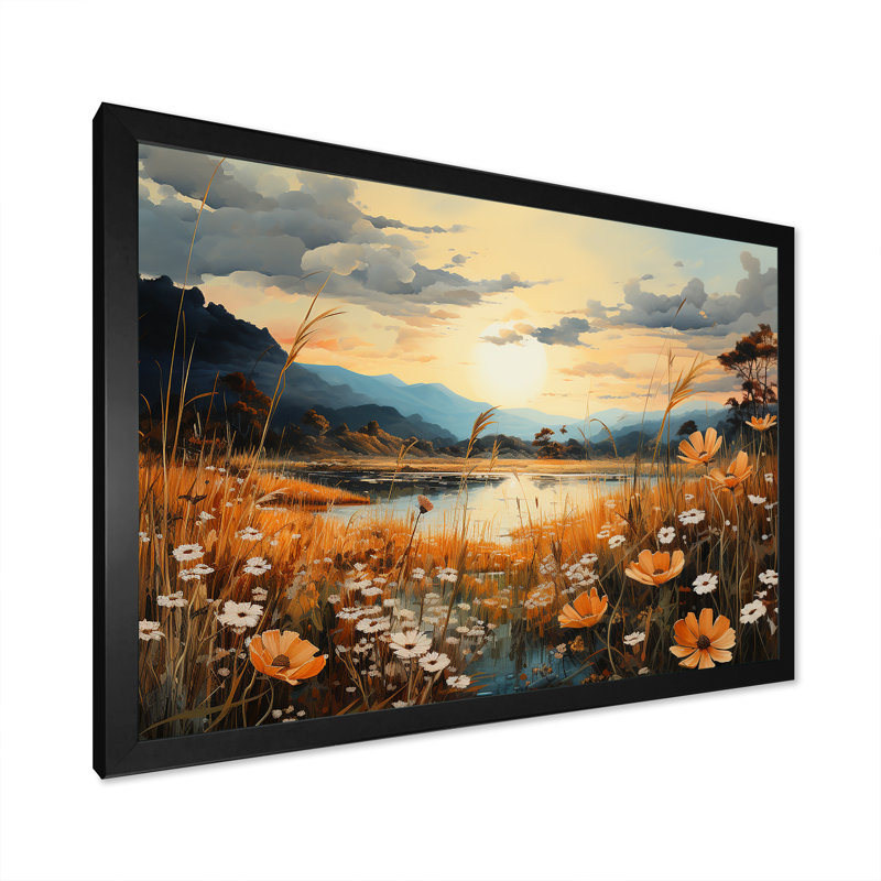 " Meadow Stream At Sunset I ", Black Single Picture Framed, 34" H x 44" W x 1.5" D