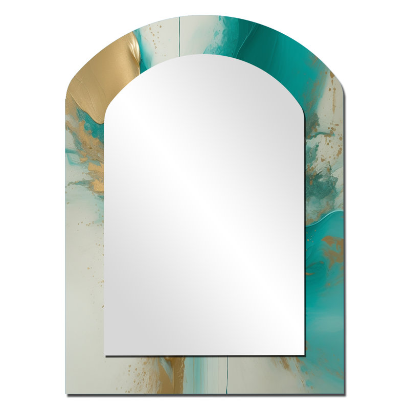 Gold And Turquoise Marble Fuild Ink II - Marble Asymmetrical Decorative Wall Mirror, Modern Arch Mirror, Printed Metal Art