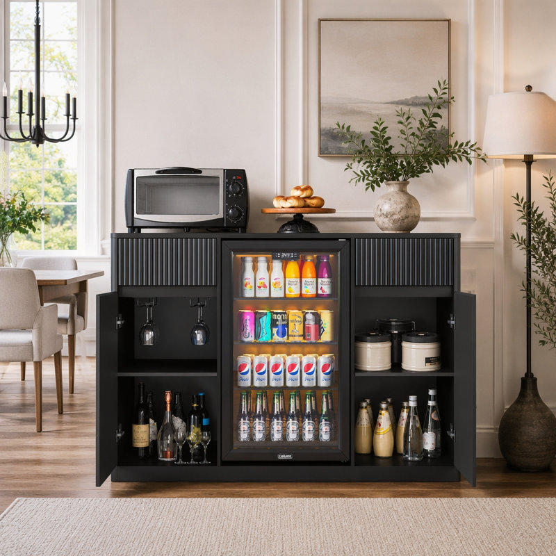 Armoire à vin cannelée 53,2 "avec mini-réfrigérateur et station de charge, Noir