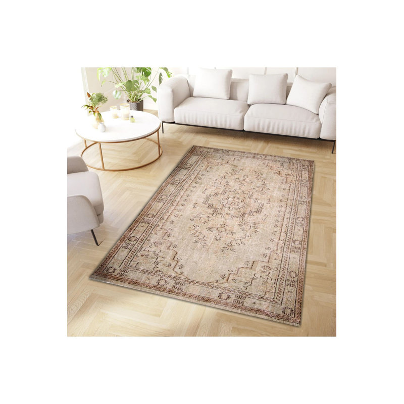 Tapis beige délavé à motif tissé délavé à la base, Tapis de couloir 2 pi 6 po x 6 pi 7 po