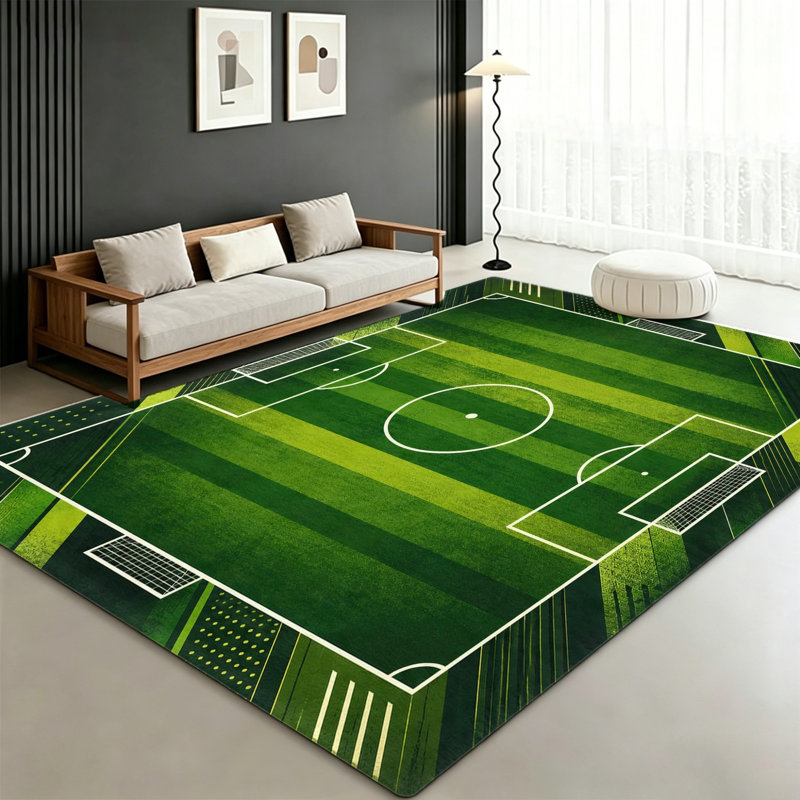 Soccer Field Area Rug, Football Pattern Floor Carpet, Indoor for Living Room Bedroom Game Home Decor, Kids, Non-Slip Easy Clean