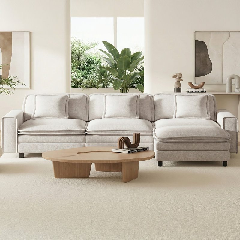 106" Wide Solid Wood Frame L-Shape Upholstered Sectional Sofa With Ottoman, Oversized 3-Seat Comfortable Living Room Couch