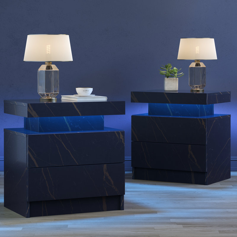 Table de chevet à DEL avec tiroirs, Marbre bleu