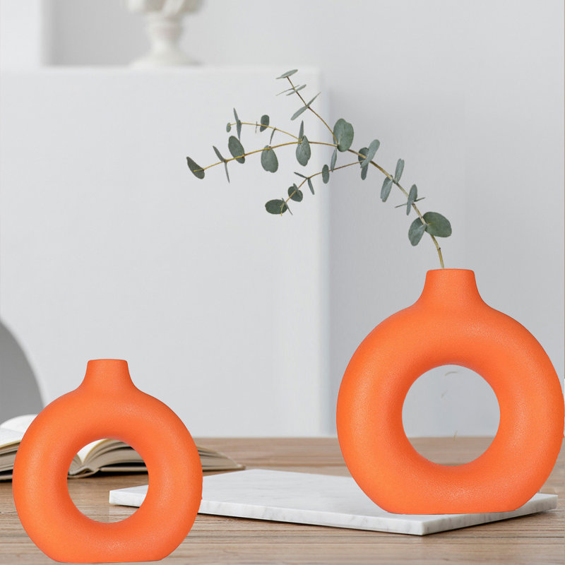 Flower Vase, Flower Vase, Ceramic Vase For Home Decor, Set Of 2, Orange