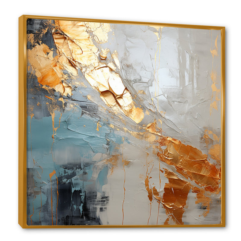 Or et gris, formes liquides modernes III - décoration murale abstraite, Cadre flottant doré, 30" H x 30" W