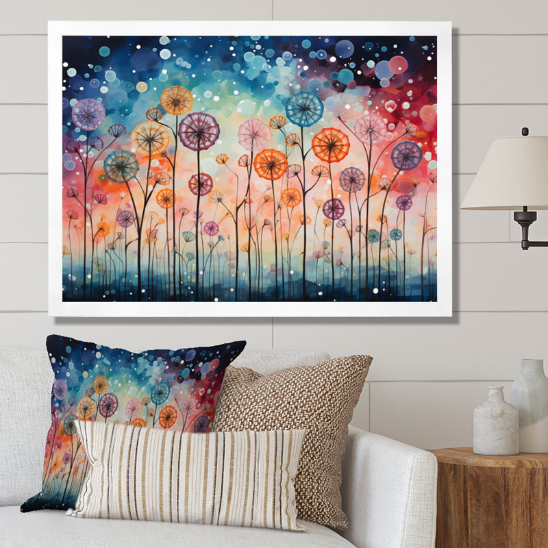 Blue Dandelion Floral Symphony II - Floral Wall Decor, H 16 po x l 32 po x P 1 po, Cadre photo blanc