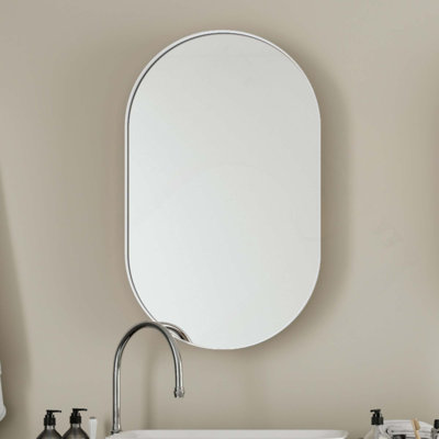  Armoire à pharmacie ovale 20 po x 34 po, armoire de salle de bain avec cadre mural en métal avec tablettes réglables, miroir de rangement encastré et à fixation en surface pour salle de bain