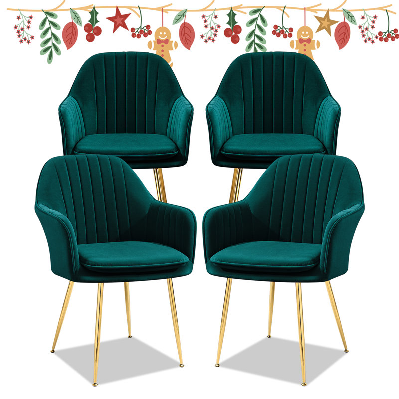 Green Velvet Upholstered Arm Chair with Gold Metal Legs, Set of 4