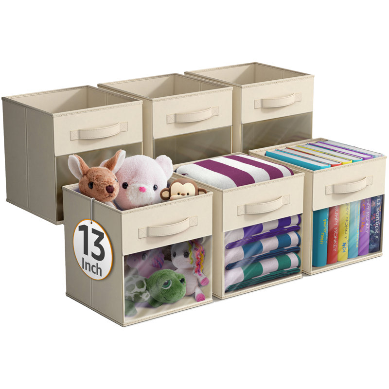 Sorbus 13" Large Storage Bin with Clear Window – 6-Pack Foldable Fabric Organizers, Beige, Beige