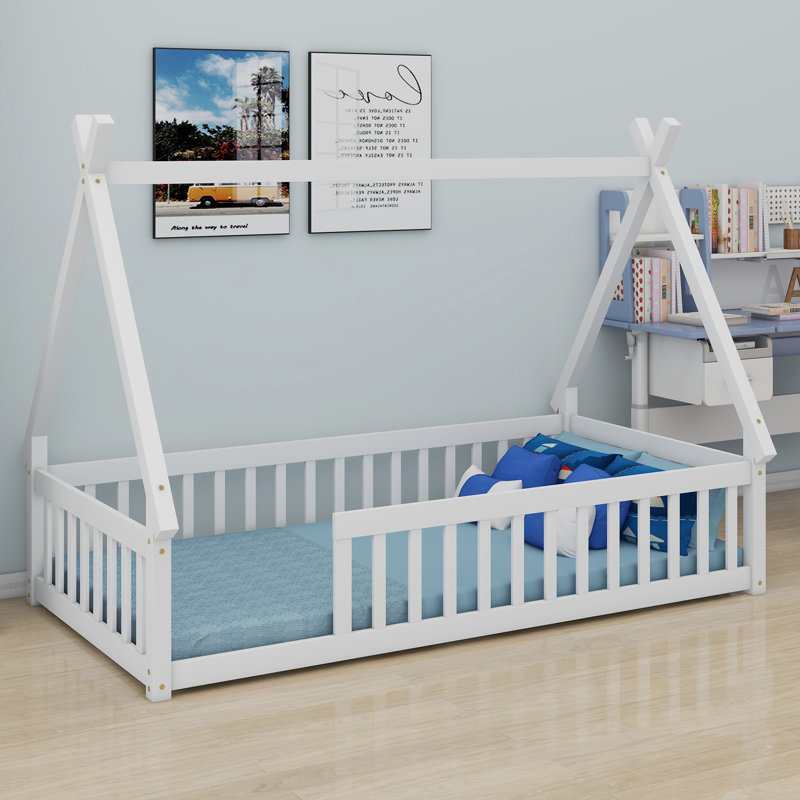 Tent-Shaped Teepee Bed With Safety Rails, White