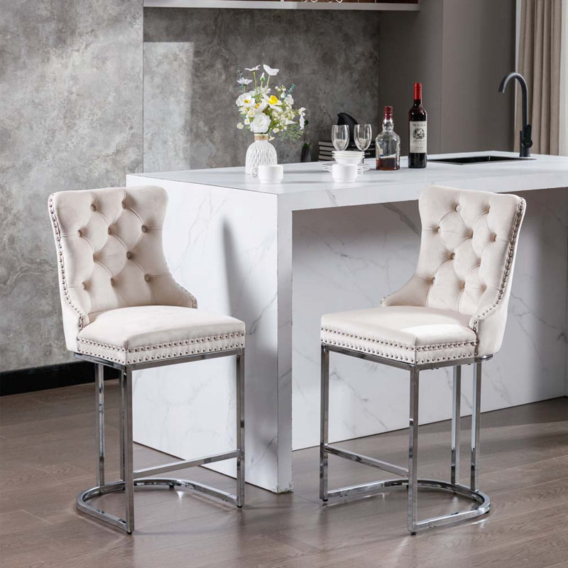 Velvet Upholstered Metal Bar Stools Set with Tufted Back and Nailedhead Trim, Beige