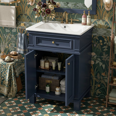 Meuble-lavabo bleu 24 po avec lavabo en céramique, 2 portes à fermeture douce et tablette réglable