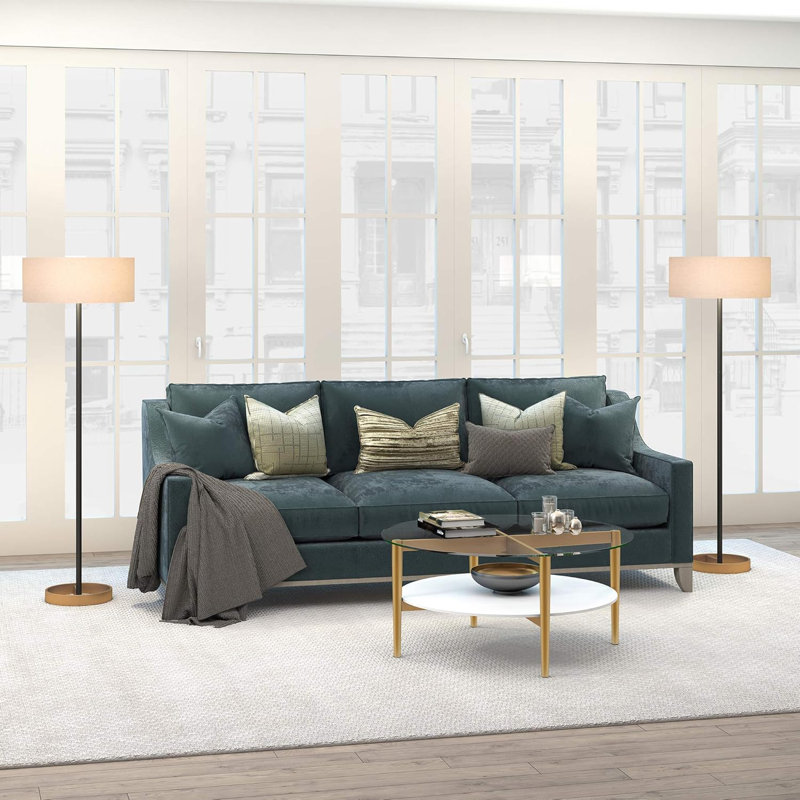 Two-Tone Floor Lamp With Linen Shade - Matte Black/Brass Finish