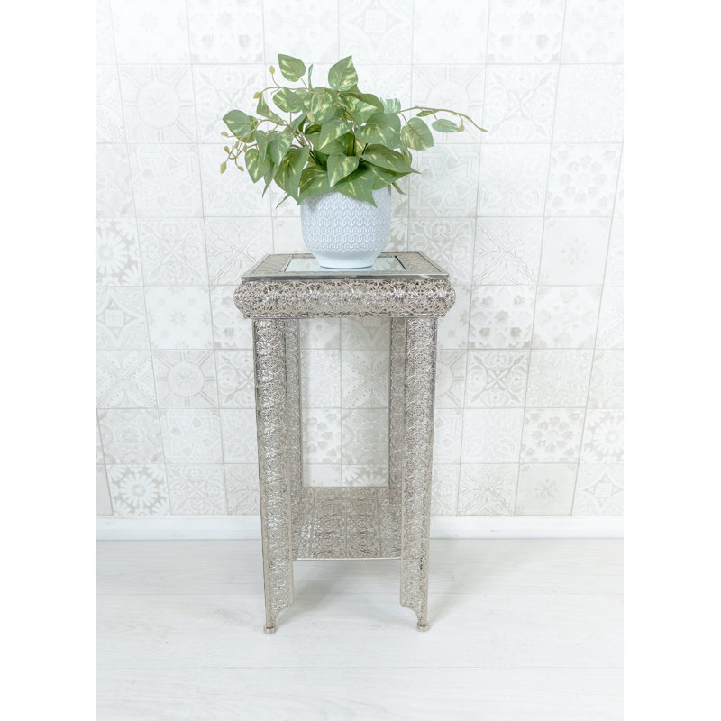 Muhja Embossed Metal & Glass Moroccan Style Lamp Plant Table, Silver