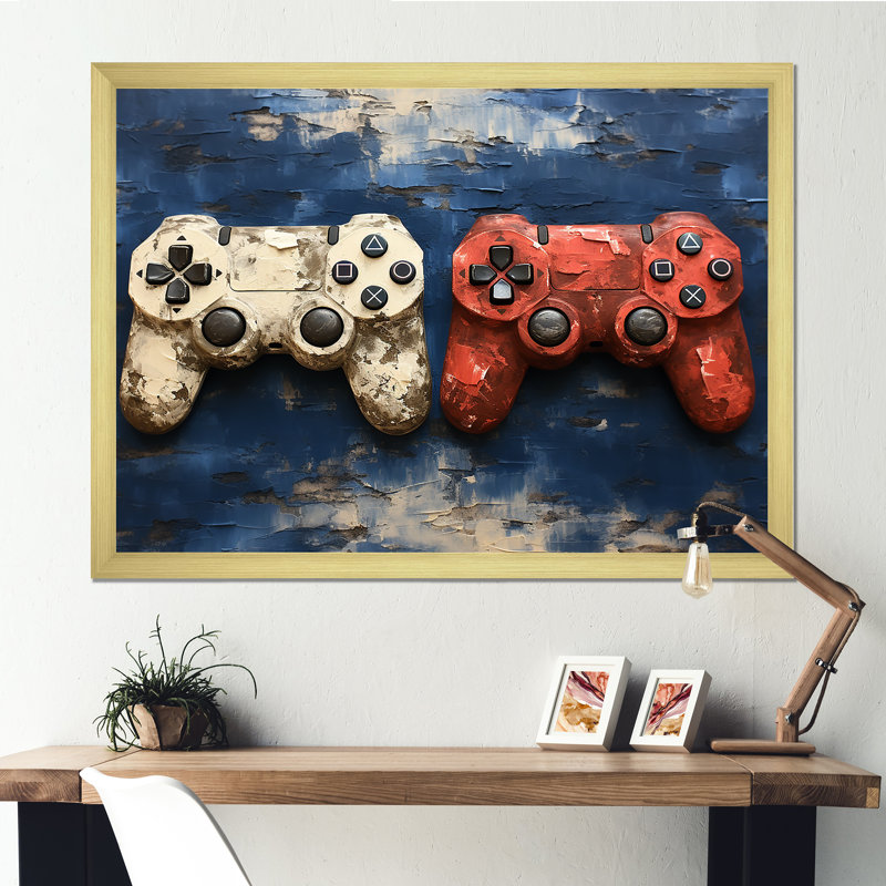 White and Red Ps Video Game Controllers - Art mural de jeux vidéo, Cadre doré à coins fermés, H 16 po x l 32 po x P 1 po