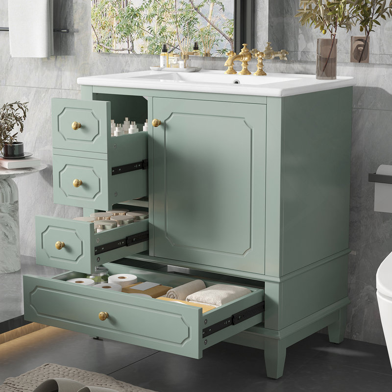 Meuble-lavabo autoportant avec lavabo, structure en bois massif, porte à fermeture en douceur, tiroirs multiples, tablettes de rangement, idéal pour les salles de bain pratiques et élégantes