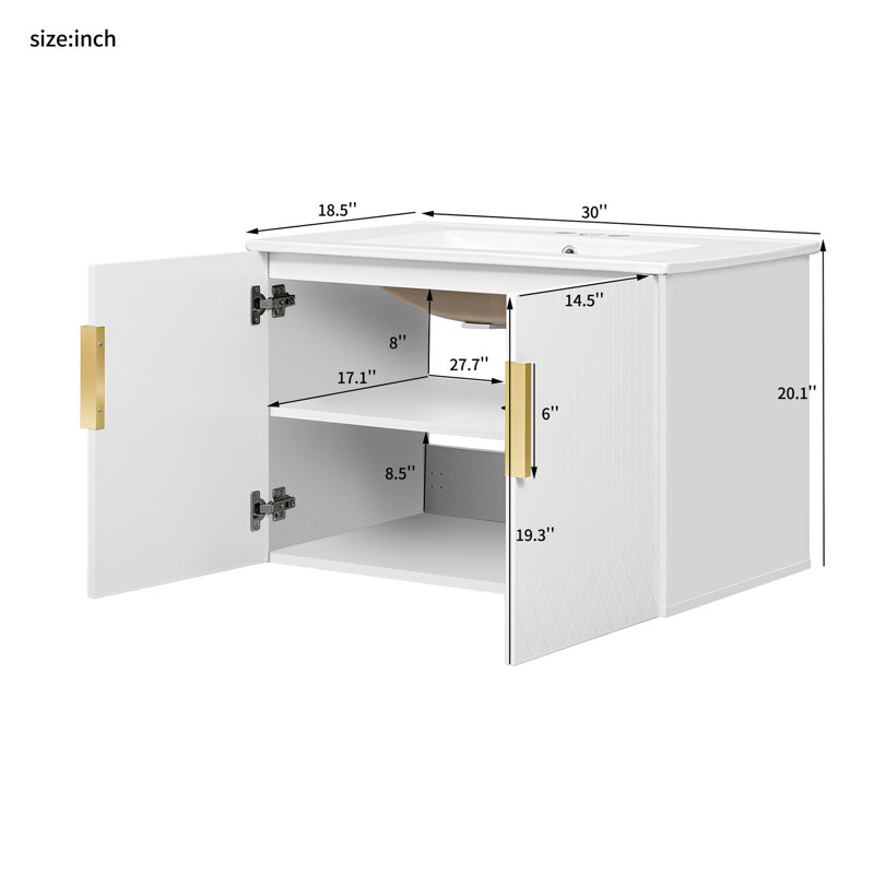 Meuble-lavabo de 30 po avec lavabo en céramique, 3 trous, conception à rayures minimalistes, 2 portes à fermeture douce, rangement réglable, finition grattée à finition murale blanc brillant, finition, assemblage facile