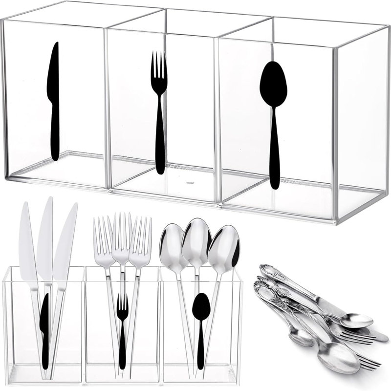 Clear Acrylic Cutlery Organizer 3 Section Silverware Caddy Storage Bin